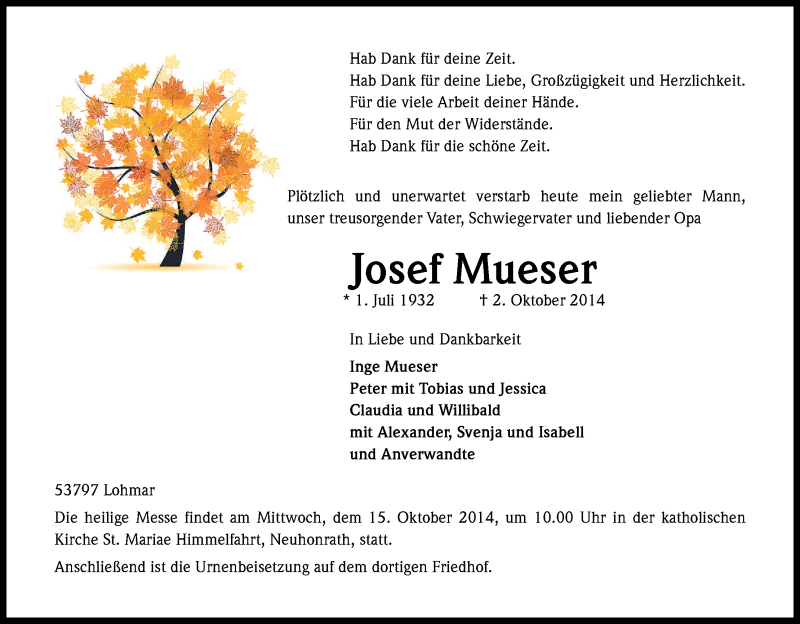  Traueranzeige für Josef Mueser vom 11.10.2014 aus Kölner Stadt-Anzeiger / Kölnische Rundschau / Express