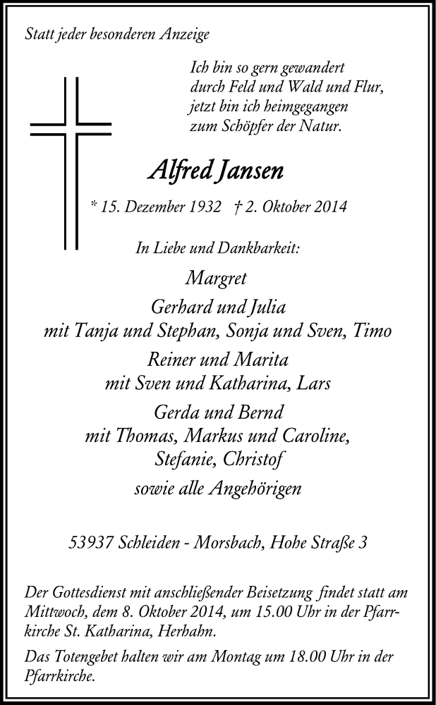  Traueranzeige für Alfred Jansen vom 06.10.2014 aus Kölner Stadt-Anzeiger / Kölnische Rundschau / Express