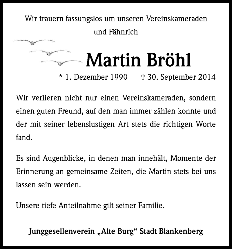  Traueranzeige für Martin Bröhl vom 06.10.2014 aus Kölner Stadt-Anzeiger / Kölnische Rundschau / Express