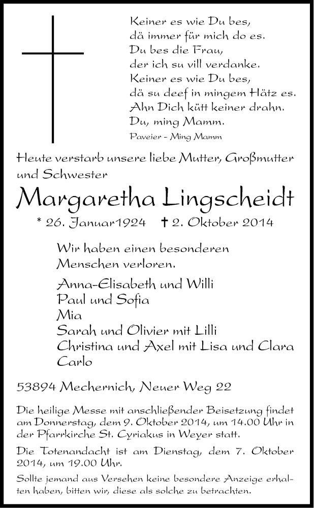  Traueranzeige für Margaretha Lingscheidt vom 06.10.2014 aus Kölner Stadt-Anzeiger / Kölnische Rundschau / Express