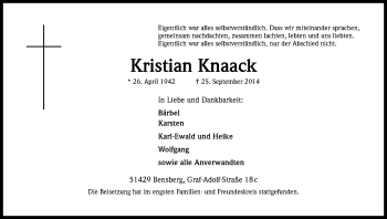 Anzeige von Kristian Knaack von Kölner Stadt-Anzeiger / Kölnische Rundschau / Express