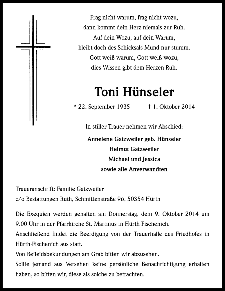  Traueranzeige für Toni Hünseler vom 07.10.2014 aus Kölner Stadt-Anzeiger / Kölnische Rundschau / Express