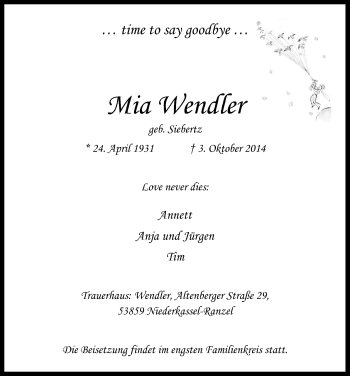 Anzeige von Mia Wendler von Kölner Stadt-Anzeiger / Kölnische Rundschau / Express