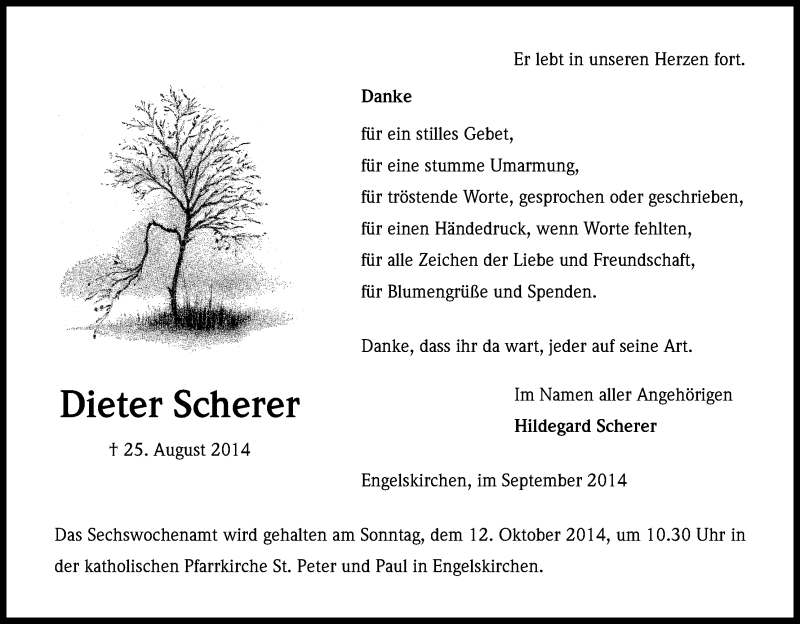  Traueranzeige für Dieter Scherer vom 07.10.2014 aus Kölner Stadt-Anzeiger / Kölnische Rundschau / Express