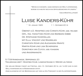 Anzeige von Luise Kanders-Kühr von Kölner Stadt-Anzeiger / Kölnische Rundschau / Express