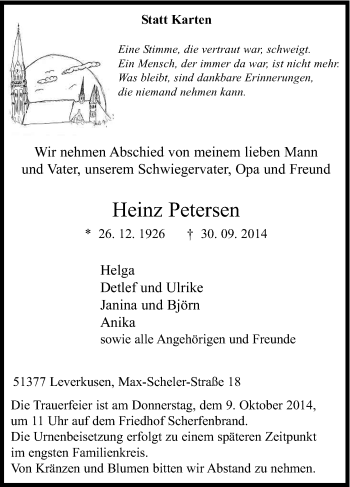 Anzeige von Heinz Petersen von Kölner Stadt-Anzeiger / Kölnische Rundschau / Express