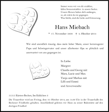 Anzeige von Hans Miebach von Kölner Stadt-Anzeiger / Kölnische Rundschau / Express