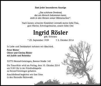 Anzeige von Ingrid Rösler von Kölner Stadt-Anzeiger / Kölnische Rundschau / Express