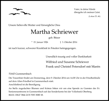 Anzeige von Martha Schriewer von Kölner Stadt-Anzeiger / Kölnische Rundschau / Express