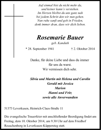 Anzeige von Rosemarie Bauer von Kölner Stadt-Anzeiger / Kölnische Rundschau / Express