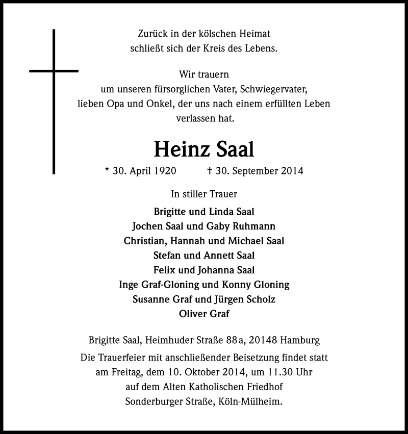  Traueranzeige für Heinz Saal vom 08.10.2014 aus Kölner Stadt-Anzeiger / Kölnische Rundschau / Express