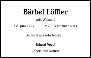 Anzeige von Bärbel Löffler von Kölner Stadt-Anzeiger / Kölnische Rundschau / Express