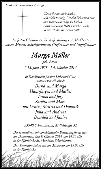 Anzeige von Marga MÃ¼ller von Kölner Stadt-Anzeiger / Kölnische Rundschau / Express