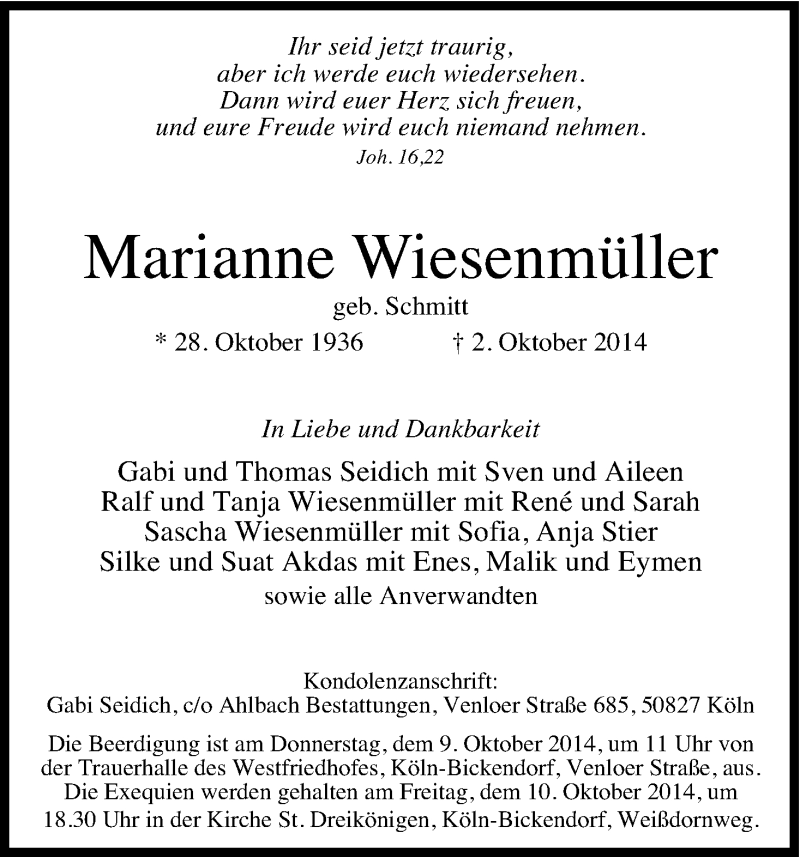  Traueranzeige für Marianne Wiesenmüller vom 08.10.2014 aus Kölner Stadt-Anzeiger / Kölnische Rundschau / Express