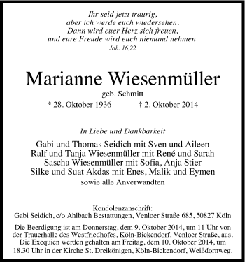 Anzeige von Marianne Wiesenmüller von Kölner Stadt-Anzeiger / Kölnische Rundschau / Express