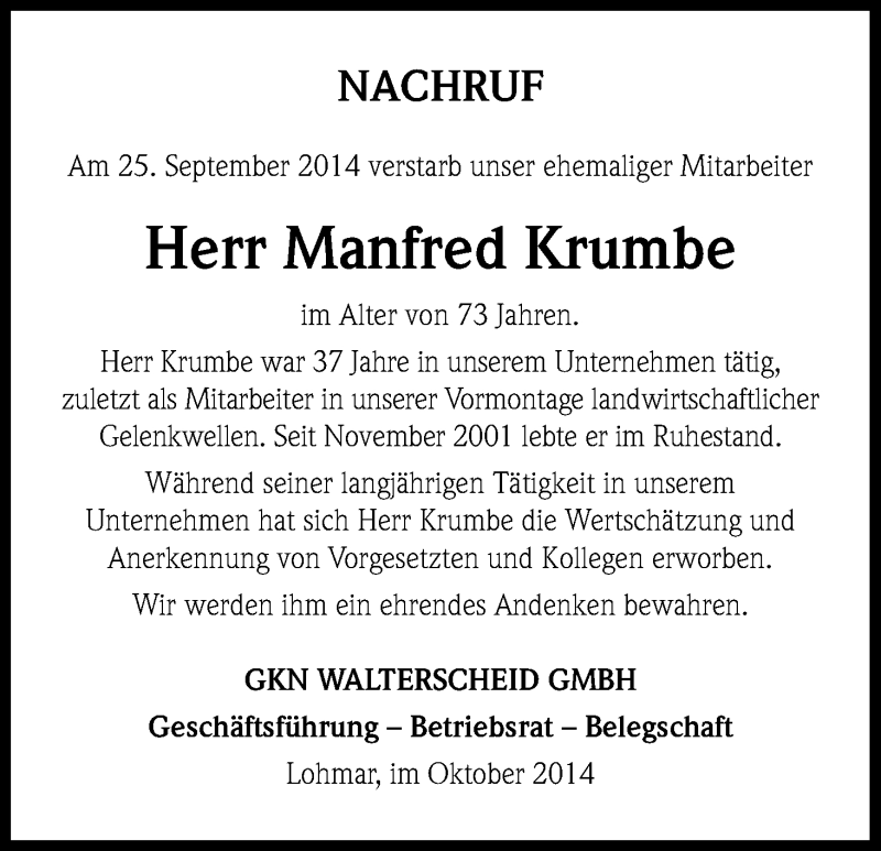  Traueranzeige für Manfred Krumbe vom 08.10.2014 aus Kölner Stadt-Anzeiger / Kölnische Rundschau / Express