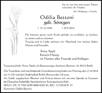Anzeige von Odilia Bettoni von Kölner Stadt-Anzeiger / Kölnische Rundschau / Express