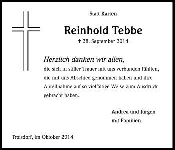 Anzeige von Reinhold Tebbe von Kölner Stadt-Anzeiger / Kölnische Rundschau / Express