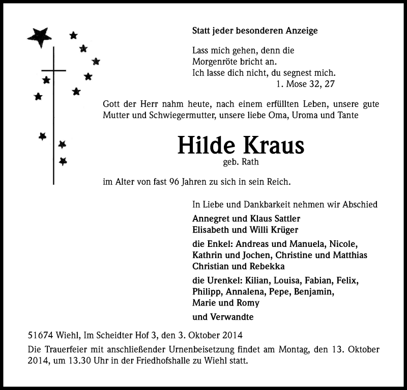  Traueranzeige für Hilde Kraus vom 08.10.2014 aus Kölner Stadt-Anzeiger / Kölnische Rundschau / Express