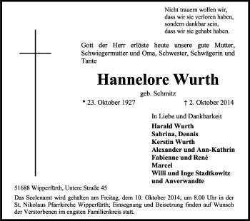 Anzeige von Hannelore Wurth von Kölner Stadt-Anzeiger / Kölnische Rundschau / Express