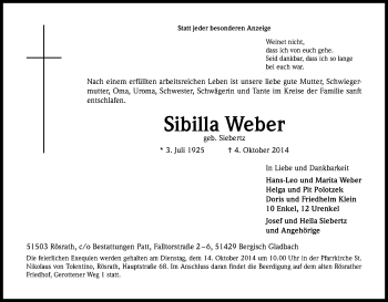 Anzeige von Sibille Weber von Kölner Stadt-Anzeiger / Kölnische Rundschau / Express