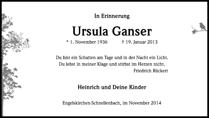  Traueranzeige für Ursula Ganser vom 01.11.2014 aus Kölner Stadt-Anzeiger / Kölnische Rundschau / Express