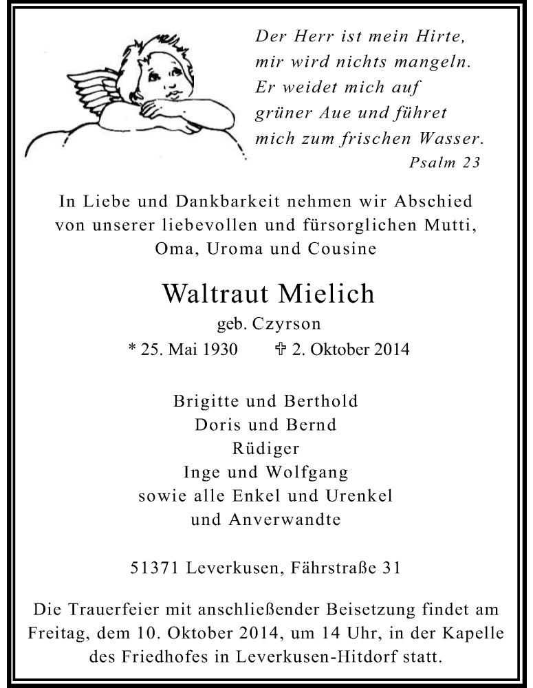  Traueranzeige für Waltraut Mielich vom 08.10.2014 aus Kölner Stadt-Anzeiger / Kölnische Rundschau / Express