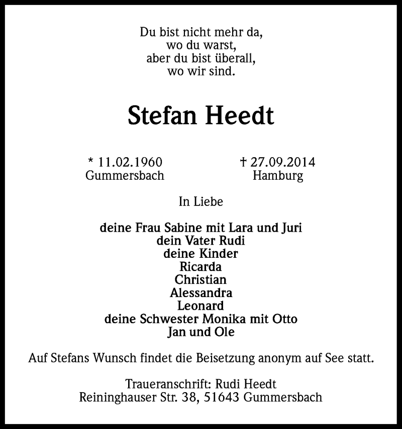  Traueranzeige für Stefan Heedt vom 08.10.2014 aus Kölner Stadt-Anzeiger / Kölnische Rundschau / Express