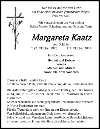 Anzeige von Margareta Kaatz von Kölner Stadt-Anzeiger / Kölnische Rundschau / Express