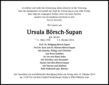 Anzeige von Ursula Börsch-Supan von Kölner Stadt-Anzeiger / Kölnische Rundschau / Express