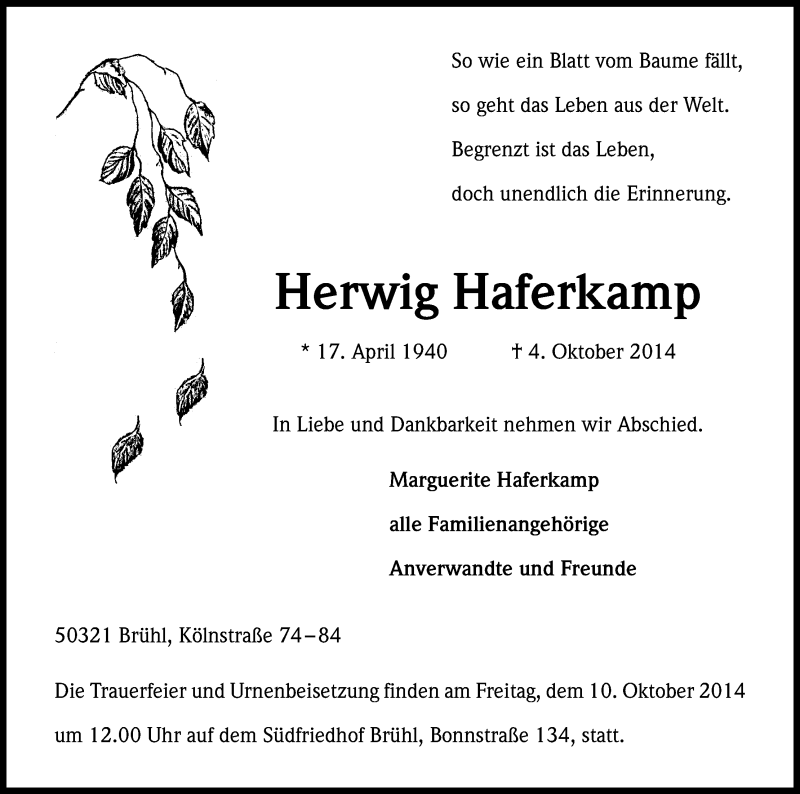  Traueranzeige für Herwig Haferkamp vom 08.10.2014 aus Kölner Stadt-Anzeiger / Kölnische Rundschau / Express