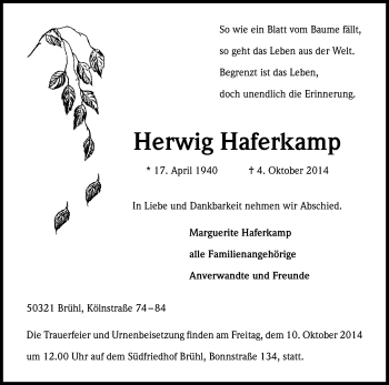 Anzeige von Herwig Haferkamp von Kölner Stadt-Anzeiger / Kölnische Rundschau / Express