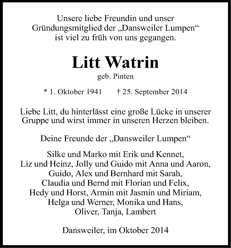  Traueranzeige für Melitta Watrin vom 08.10.2014 aus Kölner Stadt-Anzeiger / Kölnische Rundschau / Express
