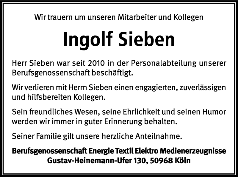  Traueranzeige für Ingolf Sieben vom 08.10.2014 aus Kölner Stadt-Anzeiger / Kölnische Rundschau / Express