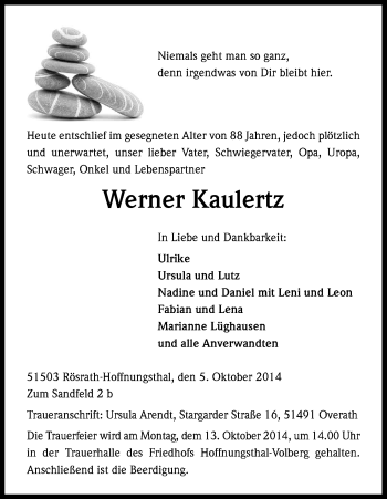 Anzeige von Werner Kaulertz von Kölner Stadt-Anzeiger / Kölnische Rundschau / Express