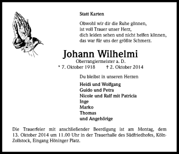Anzeige von Johann Wilhelmi von Kölner Stadt-Anzeiger / Kölnische Rundschau / Express