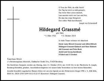 Anzeige von Hildegard Grassmé von Kölner Stadt-Anzeiger / Kölnische Rundschau / Express