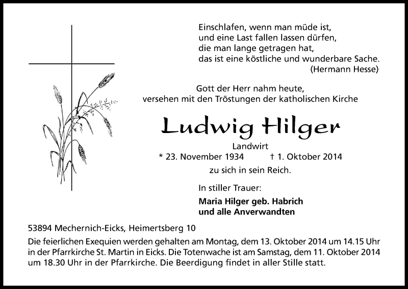  Traueranzeige für Ludwig Hilger vom 08.10.2014 aus Kölner Stadt-Anzeiger / Kölnische Rundschau / Express