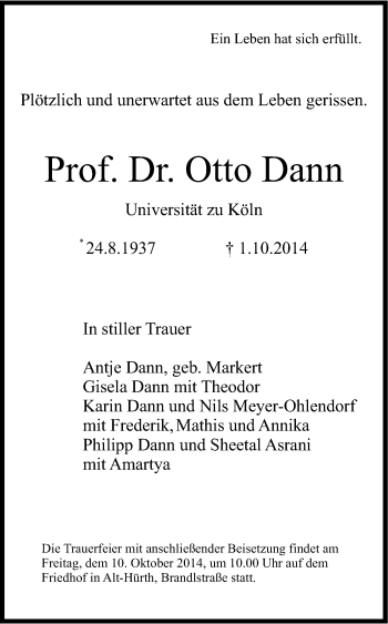 Anzeige von Otto Dann von Kölner Stadt-Anzeiger / Kölnische Rundschau / Express