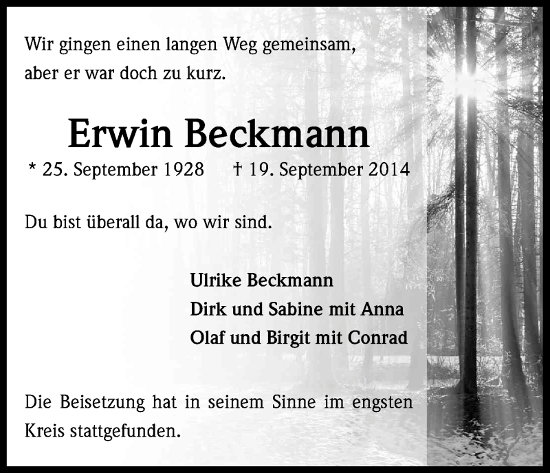  Traueranzeige für Erwin Beckmann vom 11.10.2014 aus Kölner Stadt-Anzeiger / Kölnische Rundschau / Express