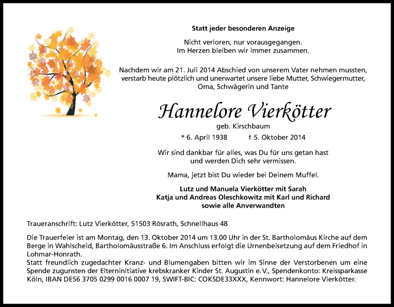  Traueranzeige für Hannelore Vierkötter vom 08.10.2014 aus Kölner Stadt-Anzeiger / Kölnische Rundschau / Express