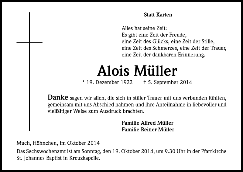  Traueranzeige für Alois Müller vom 11.10.2014 aus Kölner Stadt-Anzeiger / Kölnische Rundschau / Express