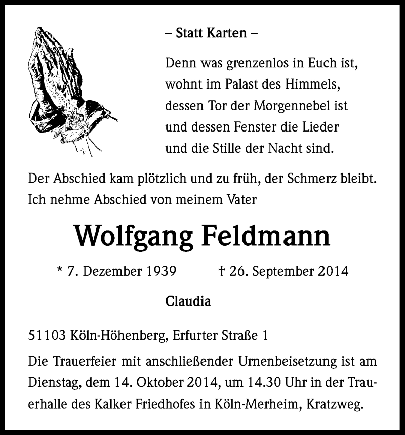  Traueranzeige für Wolfgang Feldmann vom 11.10.2014 aus Kölner Stadt-Anzeiger / Kölnische Rundschau / Express