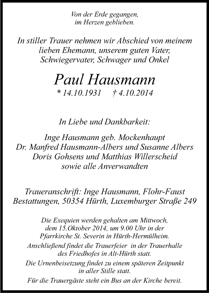  Traueranzeige für Paul Hausmann vom 11.10.2014 aus Kölner Stadt-Anzeiger / Kölnische Rundschau / Express