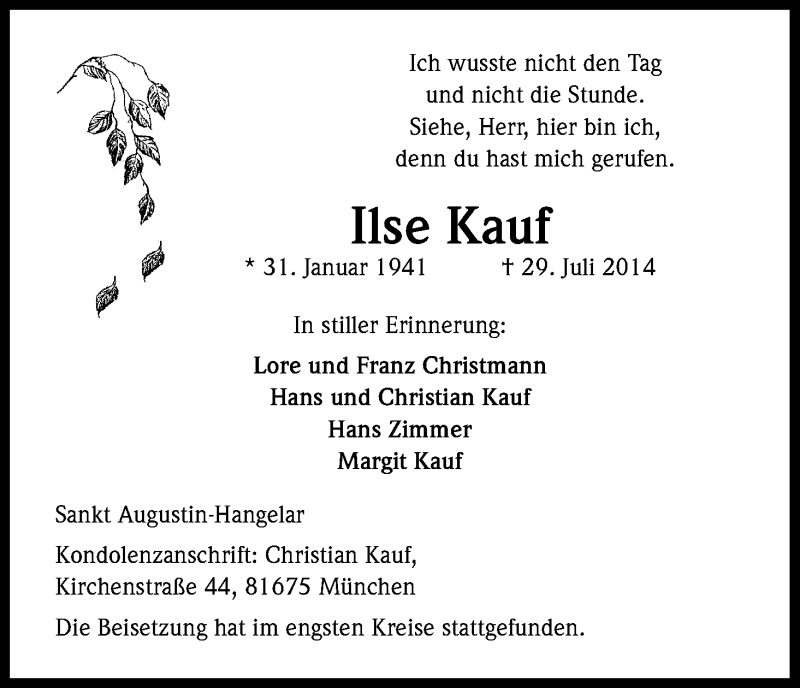  Traueranzeige für Ilse Kauf vom 11.10.2014 aus Kölner Stadt-Anzeiger / Kölnische Rundschau / Express