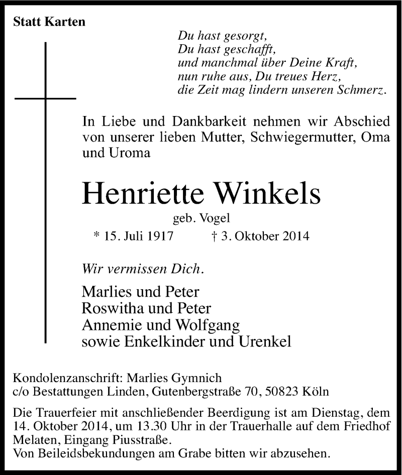  Traueranzeige für Henriette Winkels vom 11.10.2014 aus Kölner Stadt-Anzeiger / Kölnische Rundschau / Express