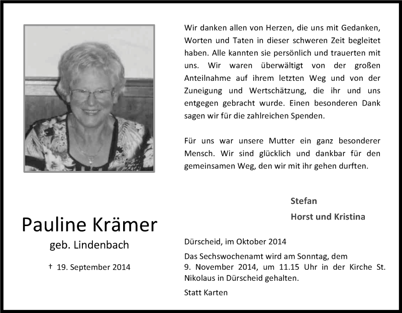  Traueranzeige für Pauline Krämer vom 31.10.2014 aus Kölner Stadt-Anzeiger / Kölnische Rundschau / Express