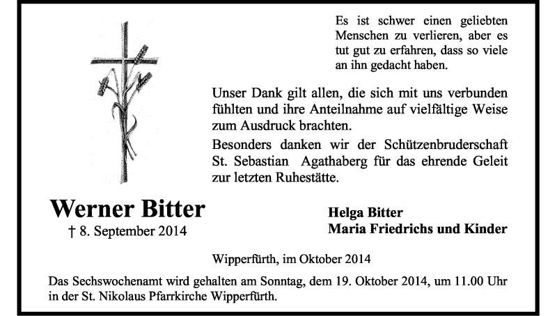  Traueranzeige für Werner Bitter vom 11.10.2014 aus Kölner Stadt-Anzeiger / Kölnische Rundschau / Express