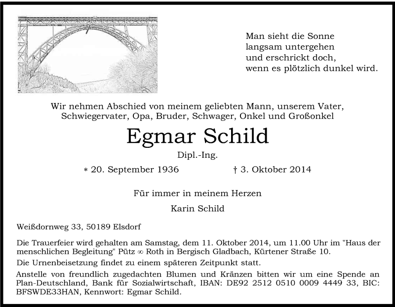  Traueranzeige für Egmar Schild vom 08.10.2014 aus Kölner Stadt-Anzeiger / Kölnische Rundschau / Express