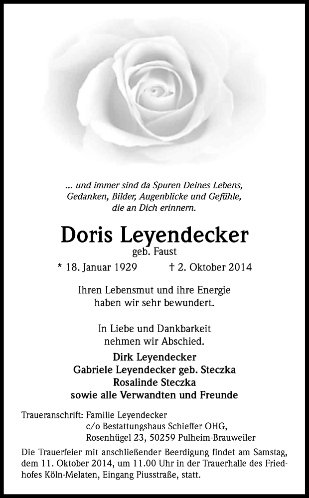  Traueranzeige für Doris Leyendecker vom 08.10.2014 aus Kölner Stadt-Anzeiger / Kölnische Rundschau / Express